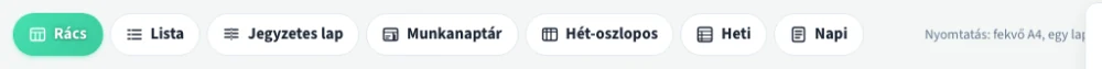 A havi naptárlap nézetválasztója: rács, lista, jegyzetes lap, munkanaptár, hét-oszlopos, heti és napi nézet