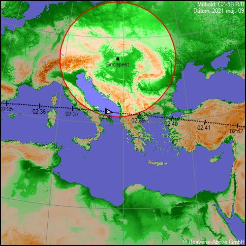 A CZ-5B kínai rakéta Magyarország feletti áthaladása a becsapódás napján