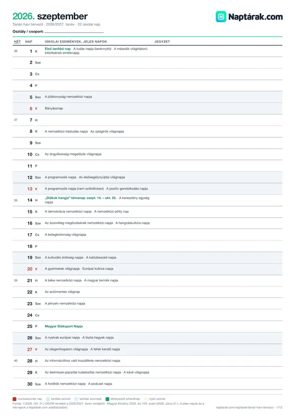 Tanári havi tervező 2026/2027 előnézete