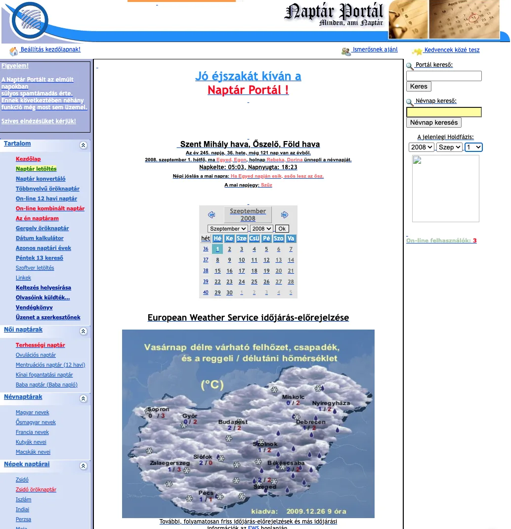 A korai Naptár Portál kék, statikus HTML-oldala 2008 körül, bal oldali eszköztárral, holdfázis-widgettel és időjárás-előrejelzéssel