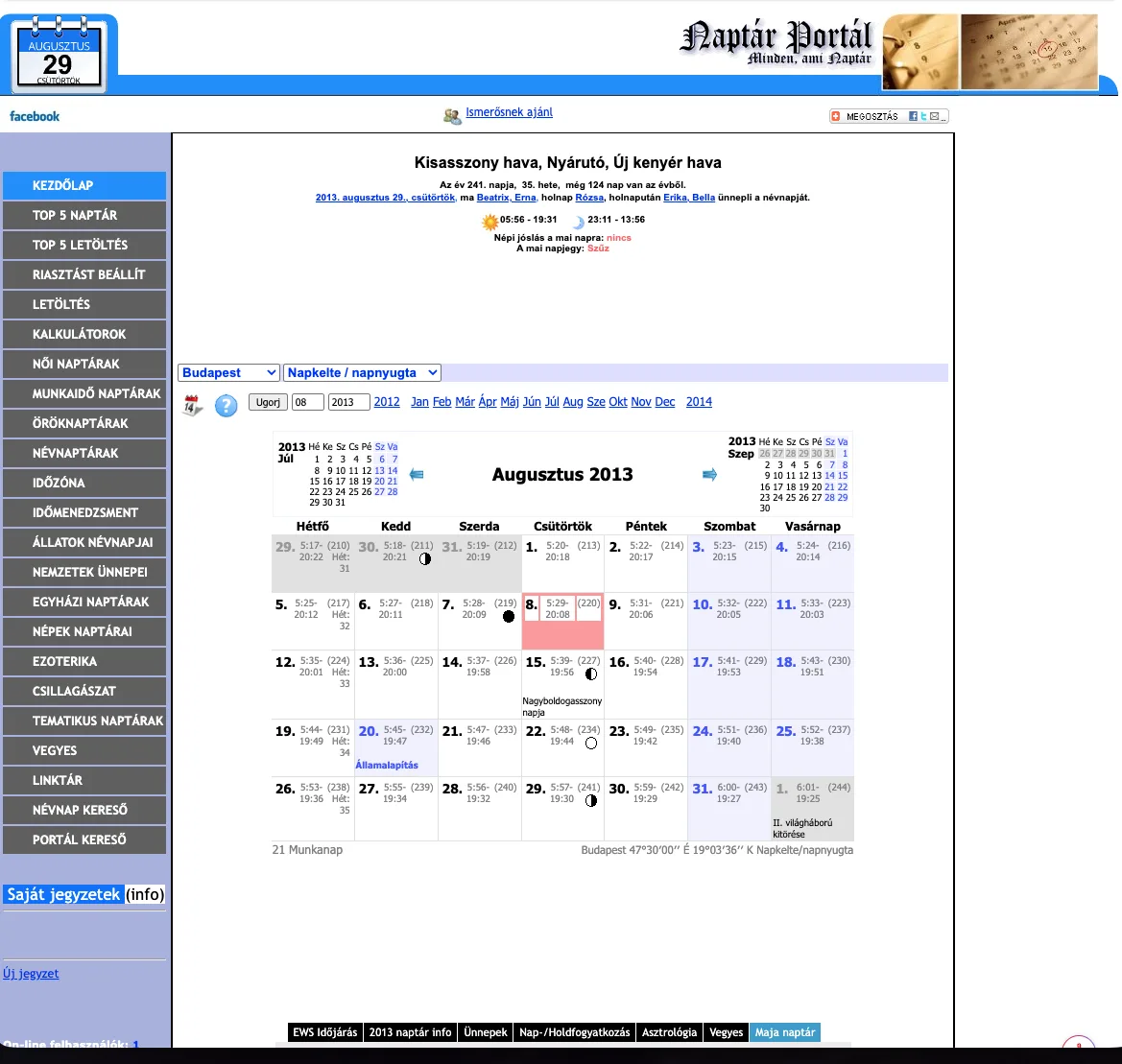 A Naptár Portál kinézete 2013 körül, néhány évvel a Drupal-váltás előtt