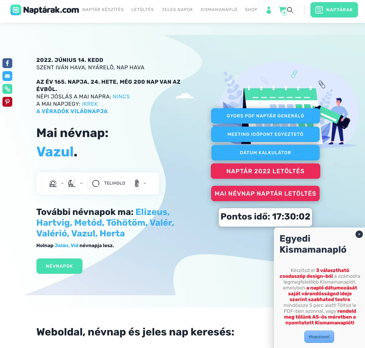 A Naptárak.com 2020 körüli, zöldes-türkiz arculatú, WordPress-alapú változata