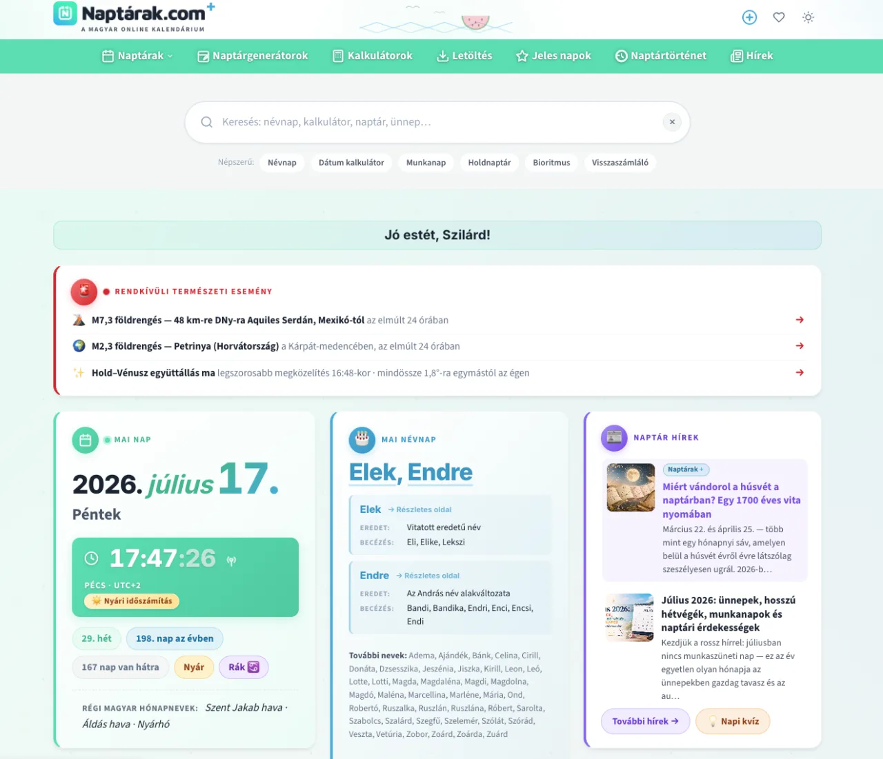 A Naptárak.com 2026-os, mesterséges intelligenciával épített, gyors és mobilbarát új változata sötét móddal